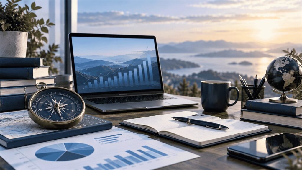 Desk with a large compass, notebook, and laptop showing a growth chart, with a coastal sunrise through the window
