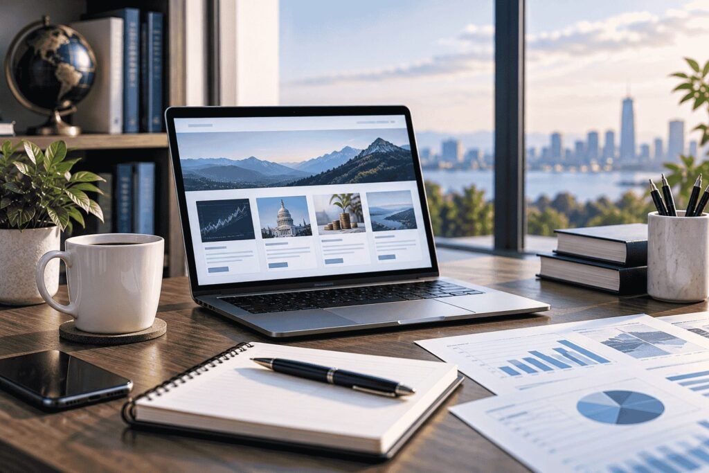 Laptop showing a financial article layout on a desk with a notebook, coffee, and a city view