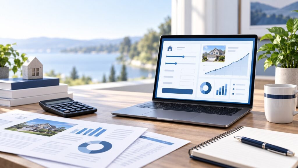 Laptop showing a mortgage calculator with sliders and a home photo, beside a desk calculator and printed home budget sheets