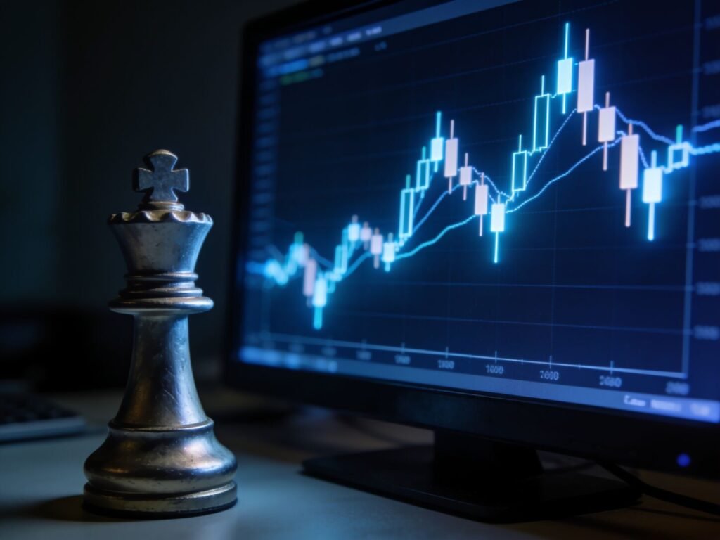 Trading desk with candlestick price charts on two screens overlooking an evening city skyline