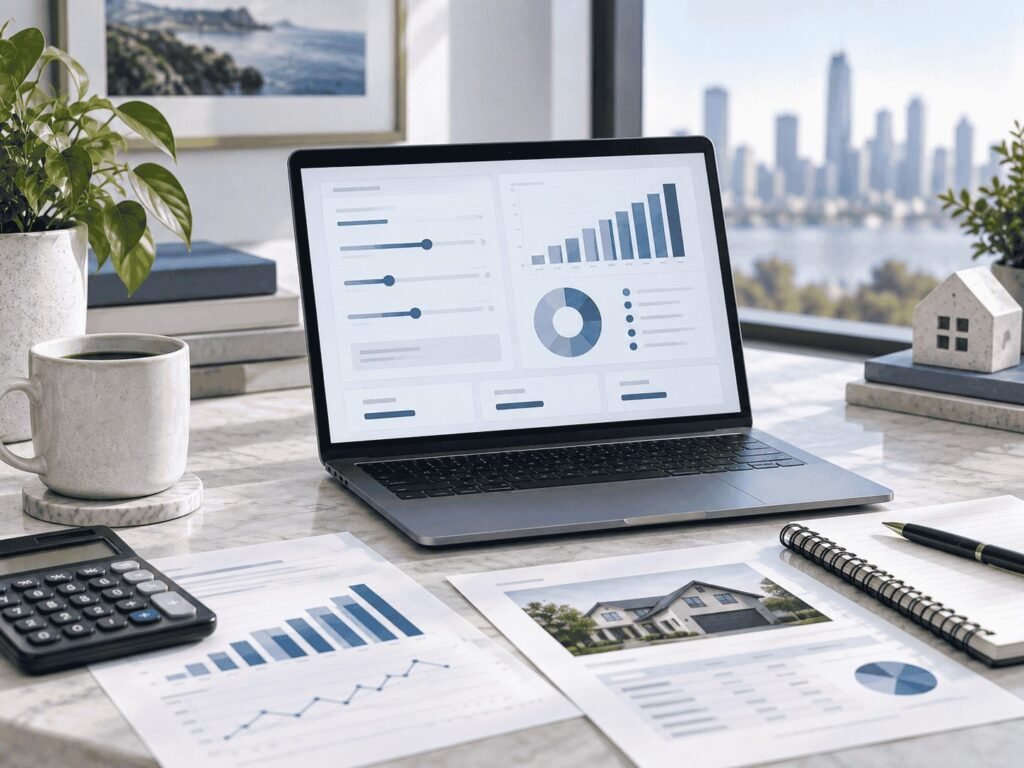 Laptop showing a financial calculator interface beside a desk calculator, printed charts, and a small model house