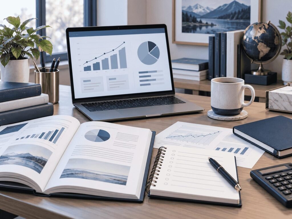 Open financial guidebook and notebook beside a laptop showing charts on a study desk