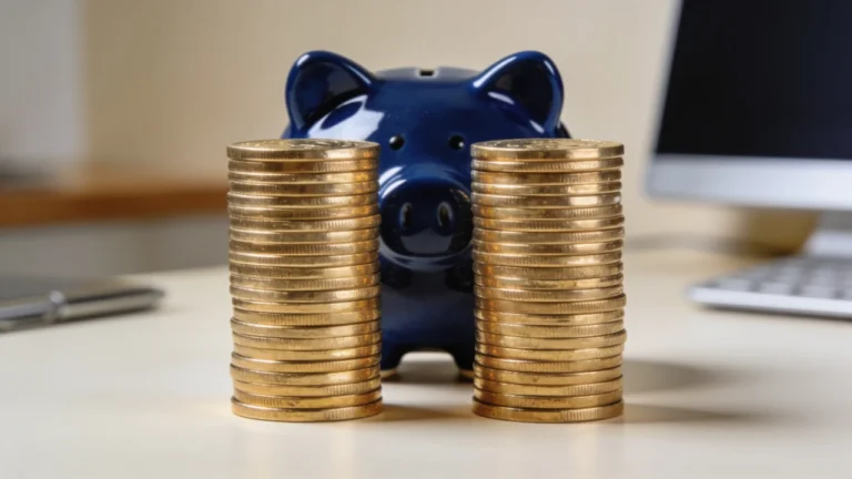 Two equal stacks of gold coins in front of a navy piggy bank on a desk