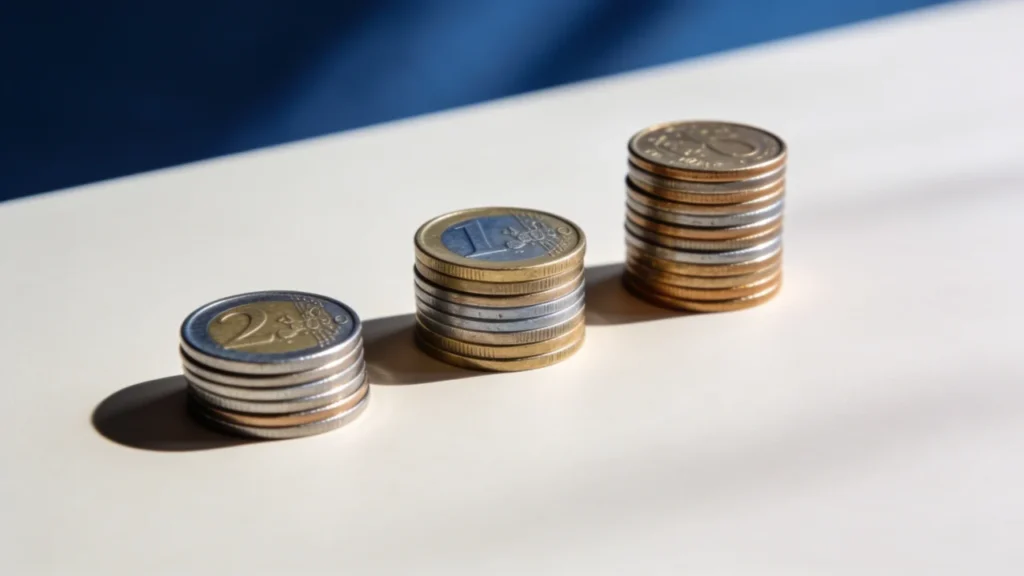 Three stacks of coins of increasing size on a neutral surface against a navy background, illustrating income divided into needs, wants, and savings