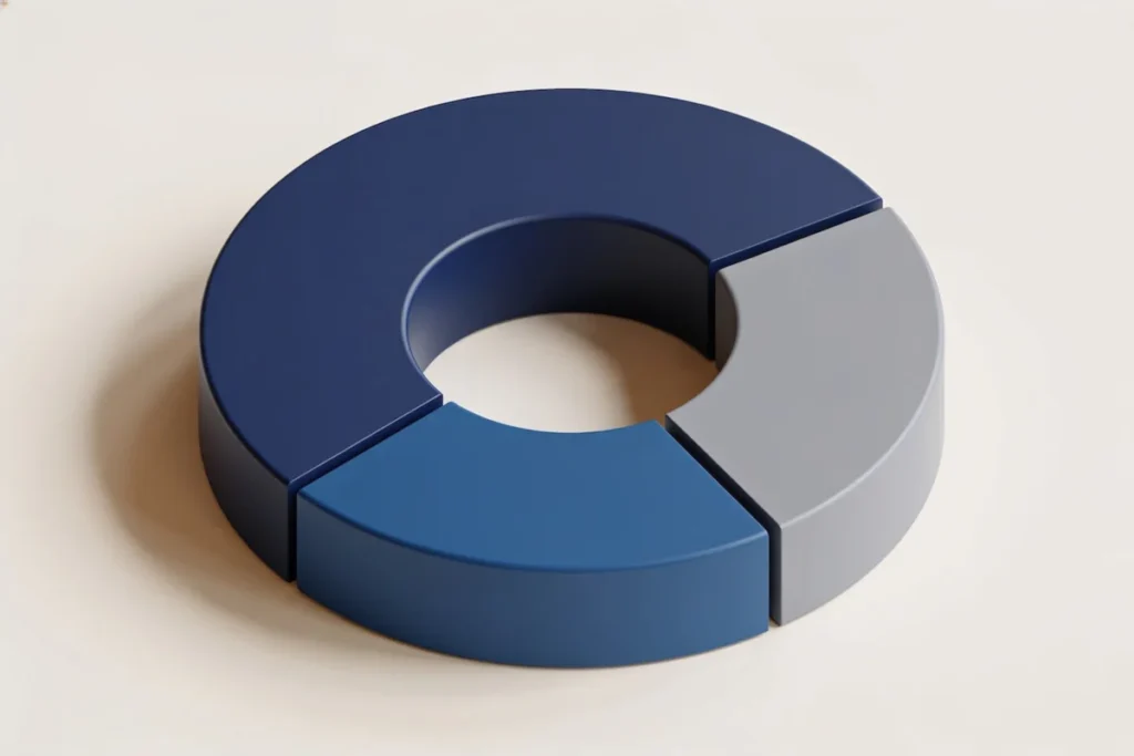 A three-segment donut chart representing a portfolio divided among stocks, bonds and cash