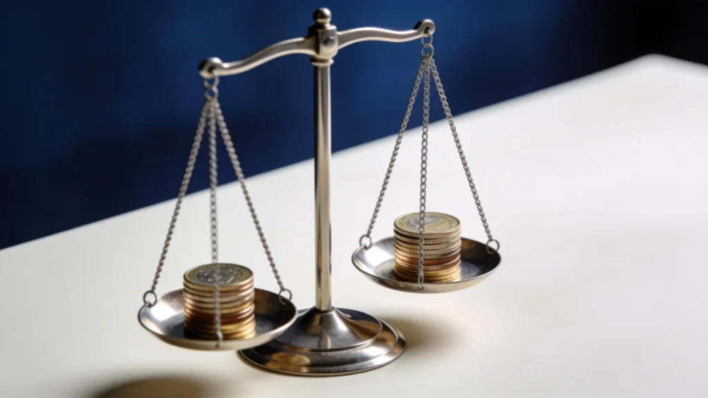 A balance scale with stacks of coins on each pan against a navy background, illustrating net worth as assets weighed against liabilities