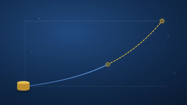 Line chart on a navy background showing retirement savings growing and then coasting along a dashed line to a gold retirement target, illustrating the Coast FIRE concept.