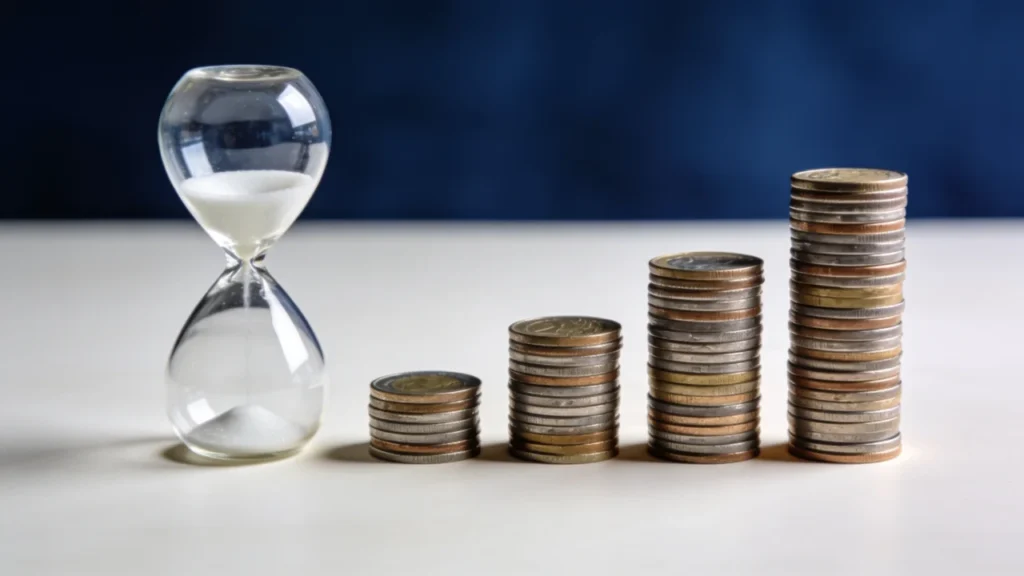 Glass hourglass beside rising stacks of coins on a neutral surface, illustrating how compound interest grows savings over time