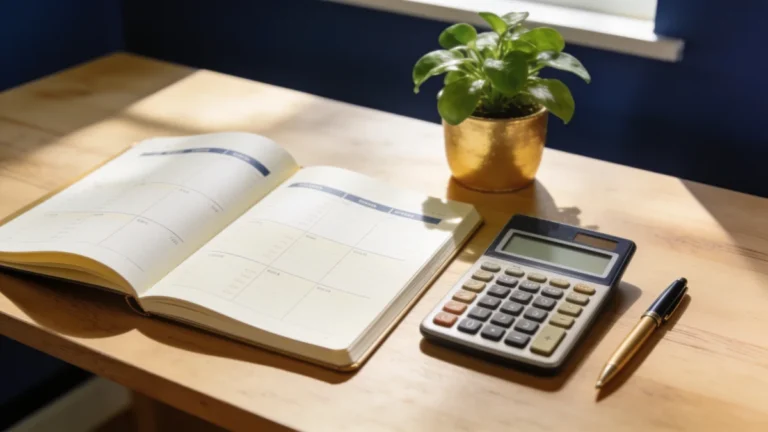 Financial planning notebook and calculator on a sunlit wooden desk representing consistent saving and long-term investing.