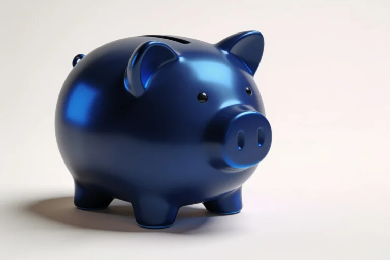 A navy blue piggy bank, symbolizing long-term retirement saving in a 401(k)