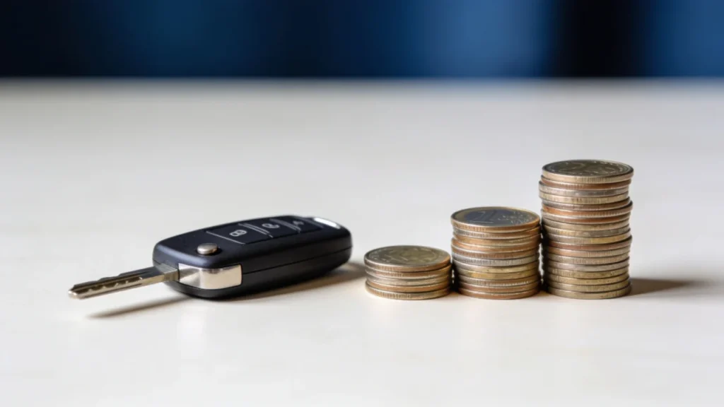 A car key fob beside rising stacks of coins on a neutral surface against a navy background, illustrating the cost of financing a car