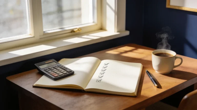 Notebook and calculator on a sunlit home desk representing a step-by-step financial independence plan.