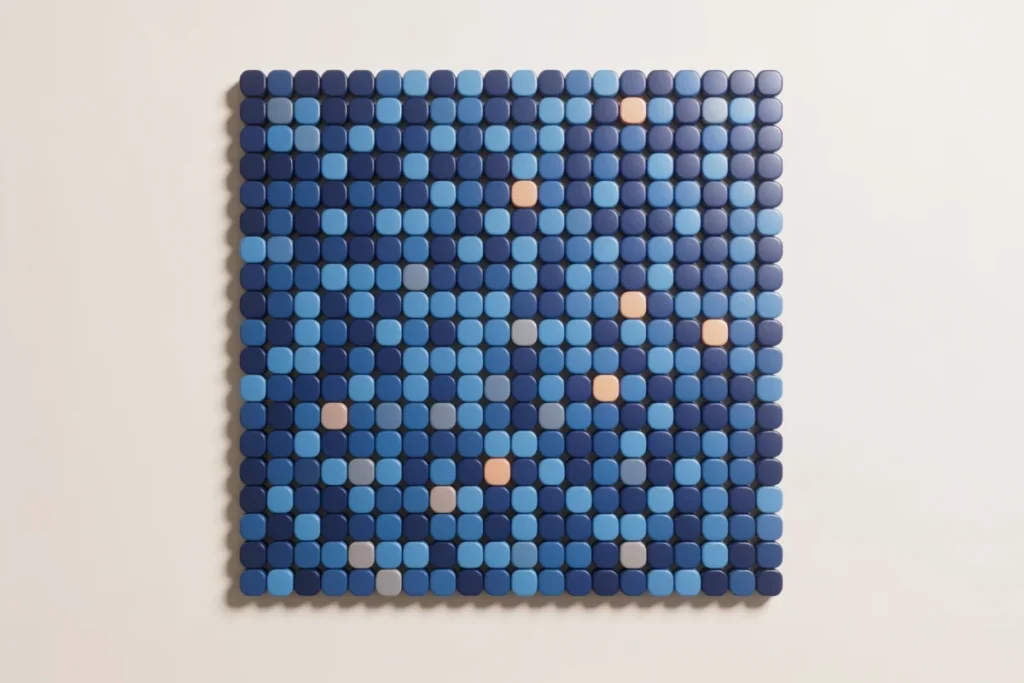 A grid of many small blue tiles representing many securities held inside a single index fund