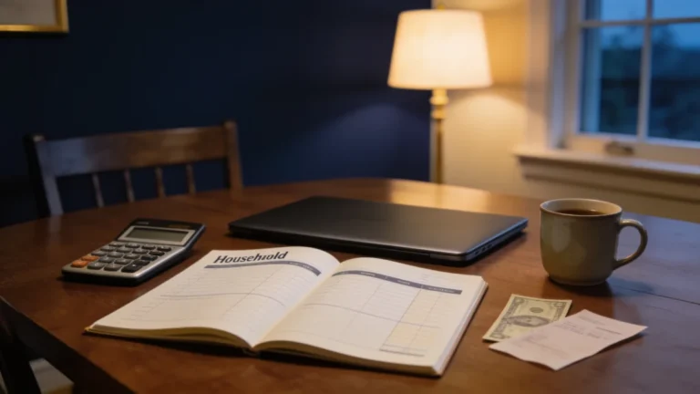Household budgeting notebook and calculator on a dining table representing lifestyle inflation and financial planning.