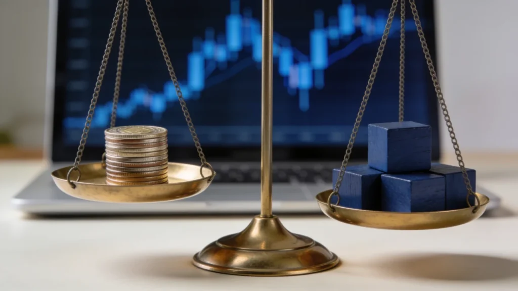 Brass balance scale weighing a stack of coins against navy blocks, with a blue candlestick chart in the background