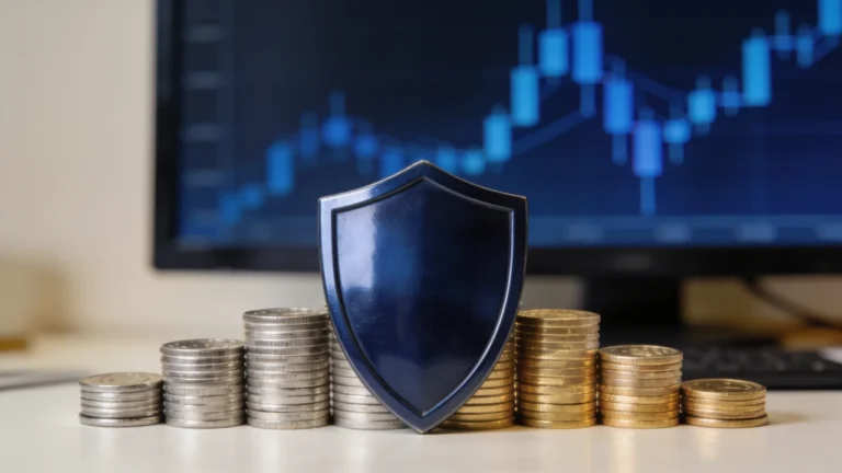 Navy shield standing in front of coin stacks with a blue candlestick chart in the background