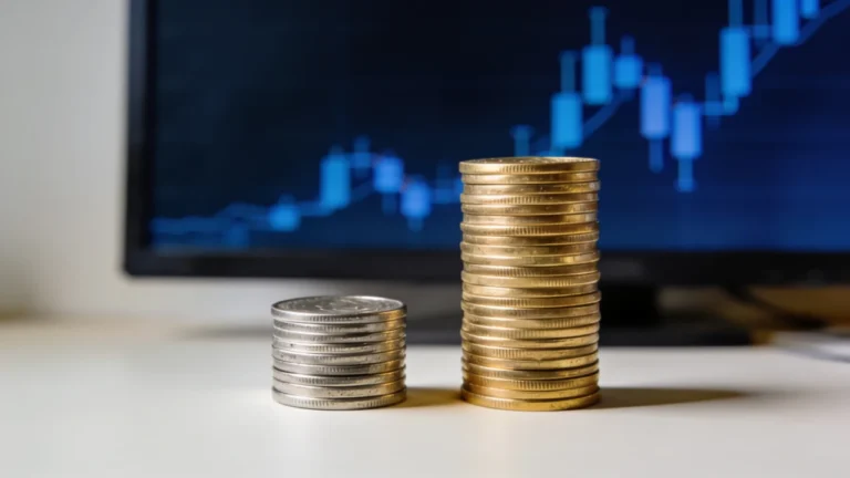 A short stack of silver coins beside a taller stack of gold coins, with a blue candlestick chart in the background