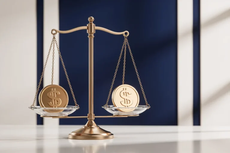 A balance scale weighing two gold coins, representing a comparison between a Roth 401(k) and a traditional 401(k).