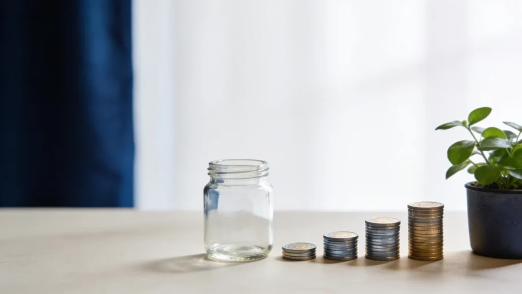 Empty glass savings jar beside rising stacks of coins and a small plant on a neutral surface, illustrating setting a savings goal and saving each month