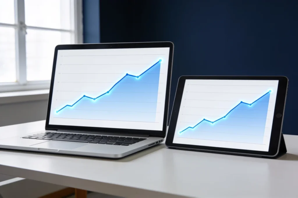 A laptop and a tablet on a desk showing rising blue financial market line charts
