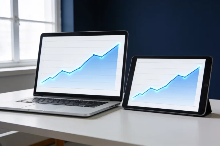 A laptop and a tablet on a desk showing rising blue financial market line charts