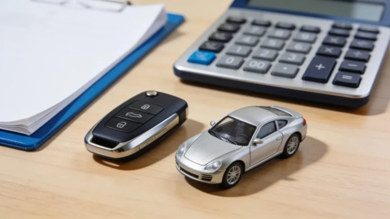A car key and a model car resting on a document beside a calculator