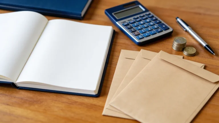 A flat lay of a notebook, cash envelopes, calculator and coins