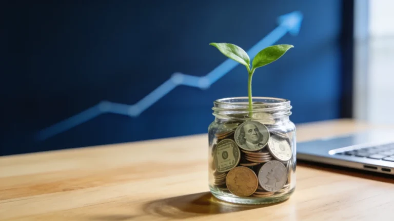A seedling growing from a jar of coins, symbolizing compound growth