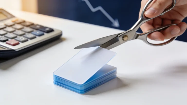 Scissors cutting through a stack of cards beside a calculator