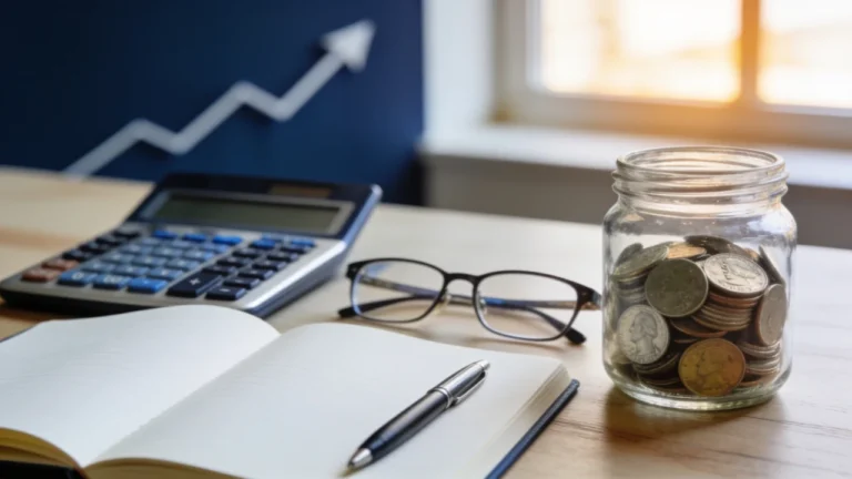 A calculator, notebook and pen, reading glasses, and a jar of US coins on a desk, representing retirement planning and estimating future savings needs