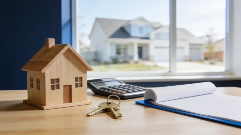 A wooden model house and brass house keys beside a calculator, with a suburban home visible through a window