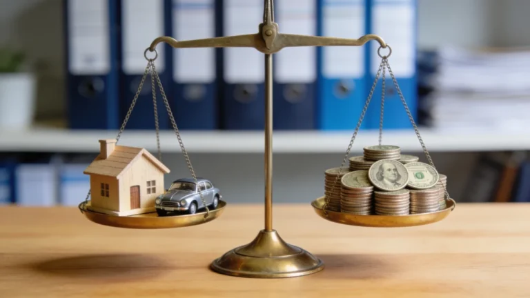 A balanced scale weighing a model house and car against coins