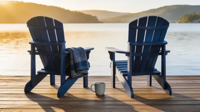 Two navy Adirondack chairs facing a calm lake at sunrise, a peaceful retirement scene