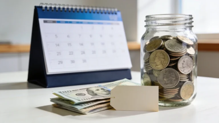 A glass jar filling with coins and bills beside a calendar