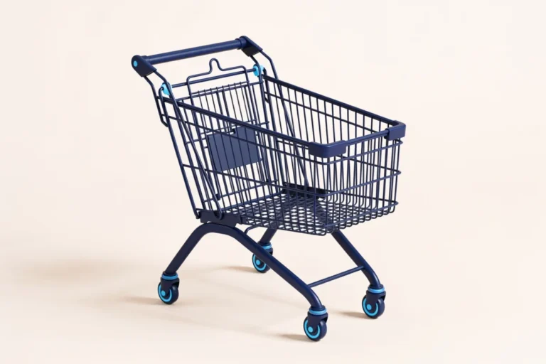 A navy blue shopping cart, symbolizing the rising cost of everyday goods