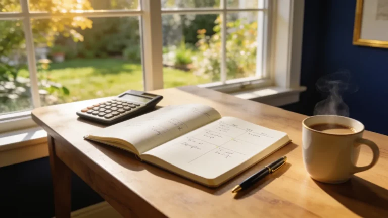 Financial planning notebook and calculator on a sunlit desk overlooking a peaceful garden.